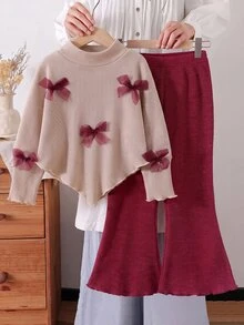 SHEIN 女童2件套，半高領長袖羅紋網紗蝴蝶結上衣 + 純色喇叭褲，柔軟彈性甜美套裝，可愛兒童春秋裝 - 紅色 - 查看 10