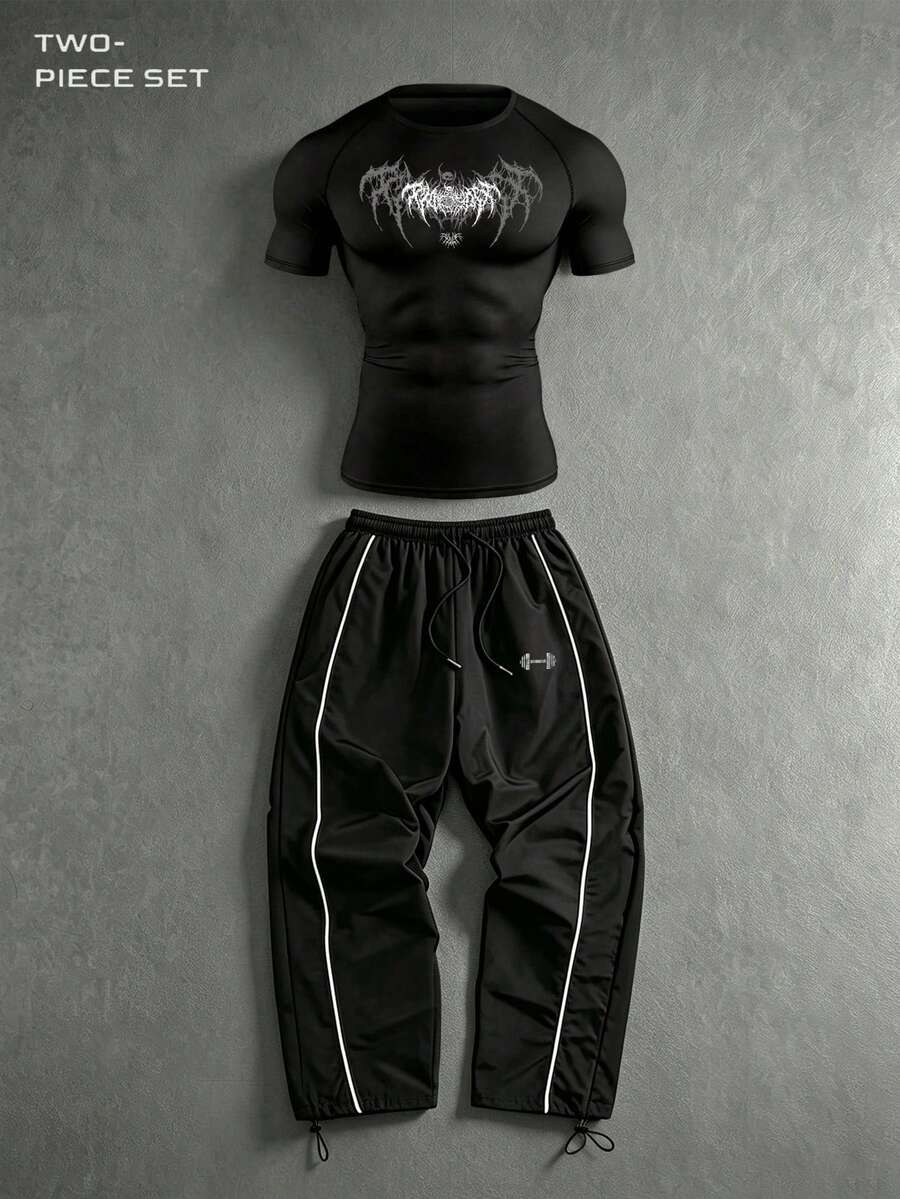Gym Rark Men's Round Neck Graphic Print Short Sleeve Top With Drawstring Elastic Waist Casual Loose Long Pants Sports Set - Black - View 1