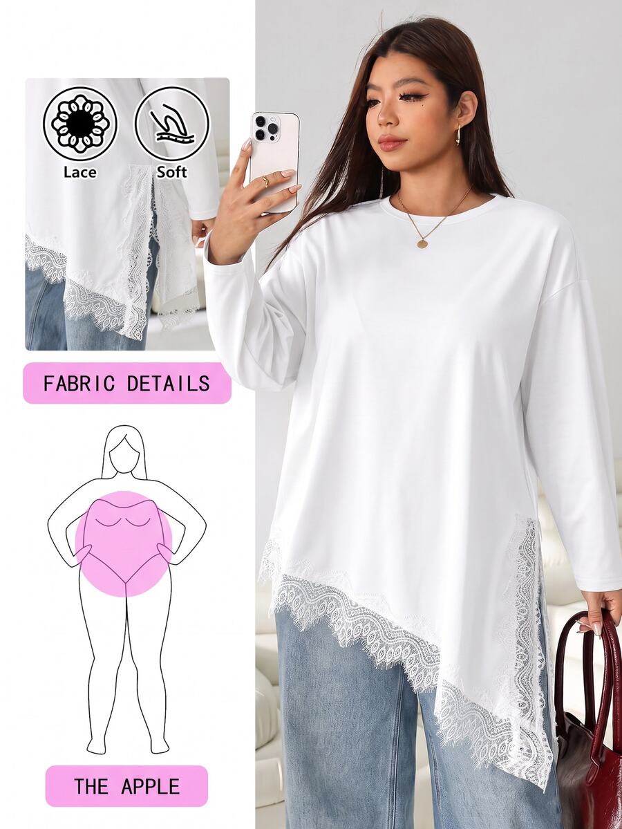 Solflare Kaos Lengan Panjang Kasual Sehari-hari Wanita Ukuran Besar dengan Motif Renda dan Patchwork - Putih - View 1