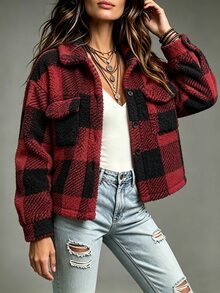 SHEIN Women's Plaid Pattern Long Sleeve Button Front Fashion Casual Jacket - Red - View 3