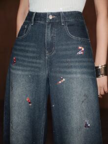 Anewsta Celana Jeans Wanita Pinggang Tinggi Motif Sobek Longgar - Biru - View 3