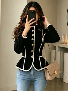 Yalmera Áo khoác nữ thu đông mới thanh lịch đi làm, chiết eo, phối viền tương phản - màu đen - Xem 5