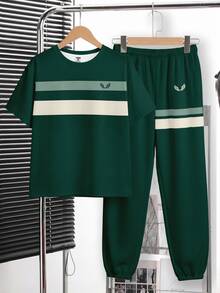 Tween Boy Casual Comfortable Fashion Minimalist Crew Neck Short Sleeve T-Shirt And Long Pants Set - Multicolor - View 3