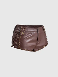 ROMWE Autumn/Winter Hippie Brown Bronze Studded Side Lace-Up Low Waist Women's Shorts - Brown - View 1