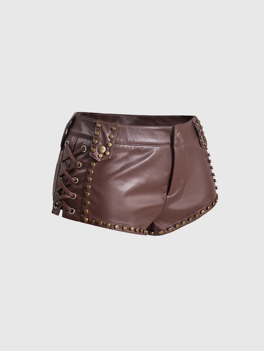 ROMWE Autumn/Winter Hippie Brown Bronze Studded Side Lace-Up Low Waist Women's Shorts - Brown - View 1