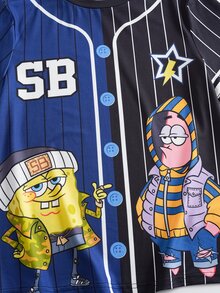 SpongeBob SquarePants | SHEIN Tween Boy Letter Stripe Short Sleeve Crew Neck Casual T-Shirt - Blue - View 4