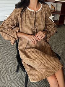 DAZY Women's Plaid Casual Daily Home Sleep Dress - Khaki - View 1