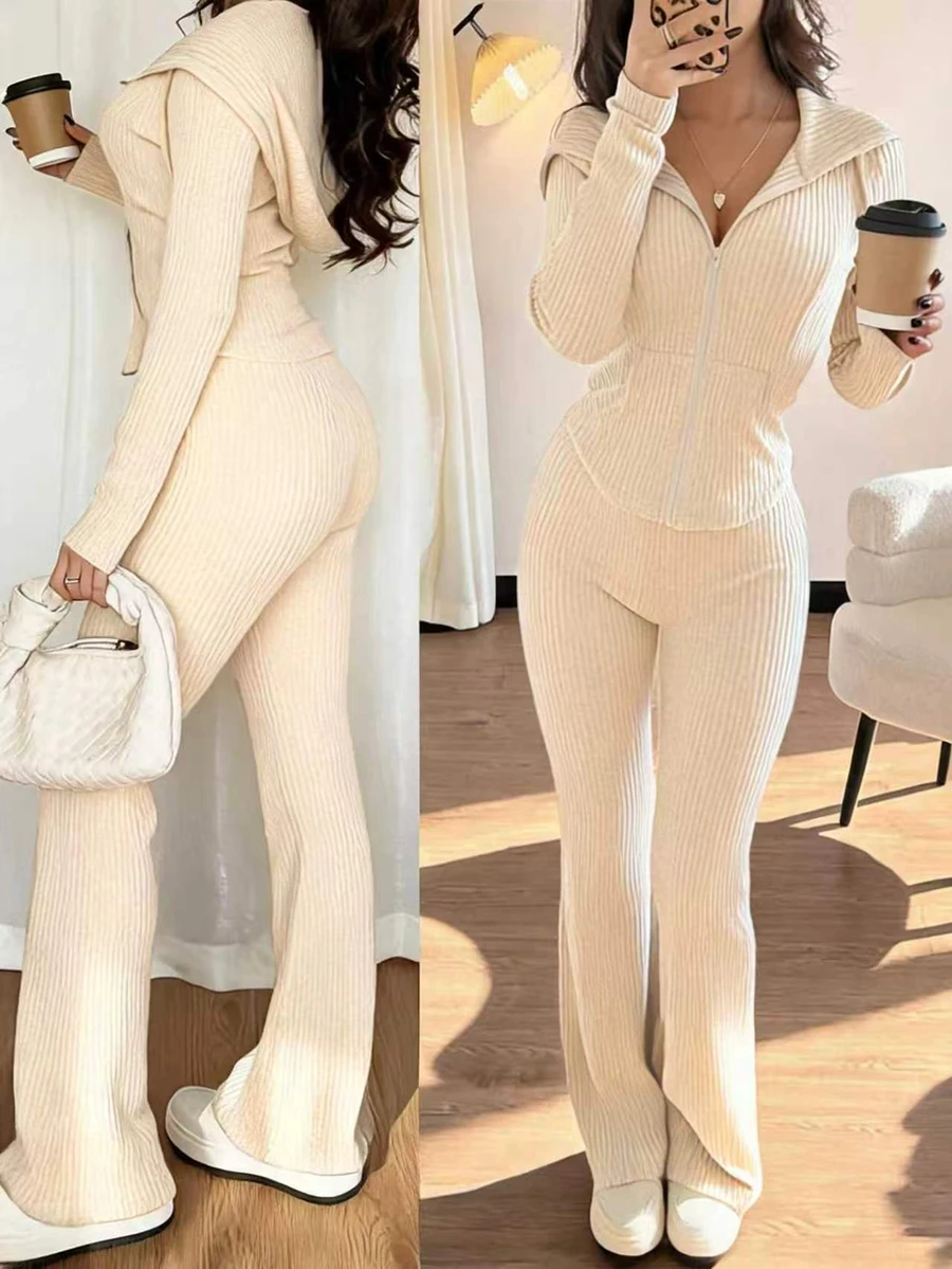 SHEIN Raffinéa Casual Fashion Daily Versatile Hooded Sweatshirt With Cinching Waist And Pockets, Flared Ribbed Knit Pants, 2 Pieces Set For Women, Autumn/Winter - Apricot - View 1