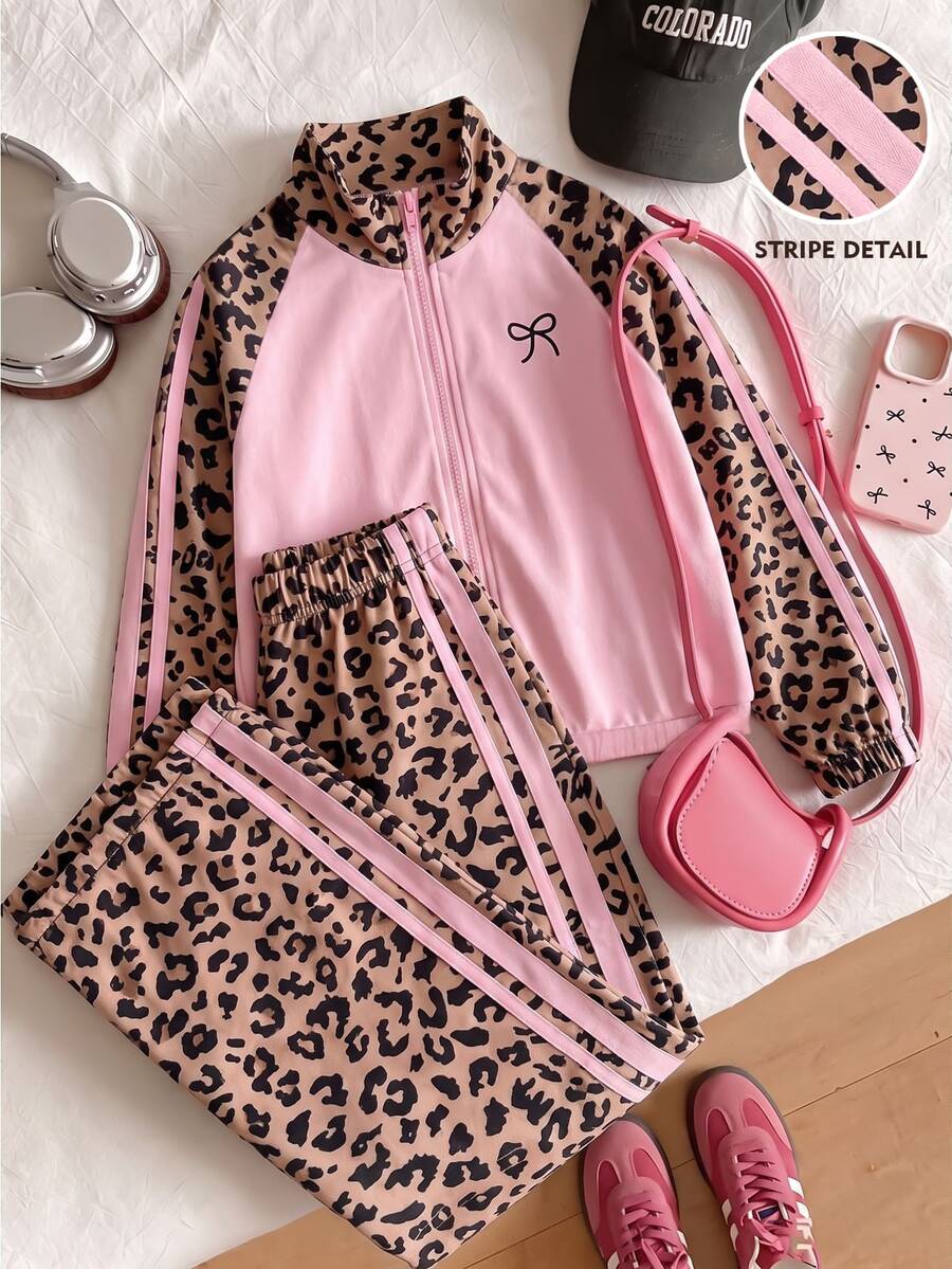 SHEIN 2件組女童套裝：彩色條紋拉鍊夾克搭配刺繡蝴蝶結與彈性腰長褲，適合幼兒園女孩。復古運動風穿搭，適用於街頭穿搭、運動健身及好友聚會，四季時尚單品。 - 彩色 - 查看 1