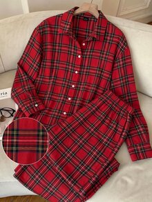 SHEIN EZwear 大尺碼女款格紋長袖單排扣襯衫與長褲休閒兩件套 秋季聖誕 - 彩色 - 查看 4