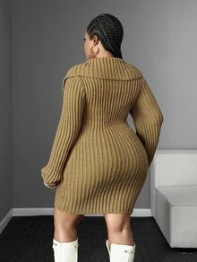 Maweii Woman Elegant, Fashionable, Sexy, Party,Khaki , A Fitted Mini Skirt,Winter,Halloween/Christmas, Long-Sleeved Plus-Size Women's Sweater Dress - Khaki - View 3