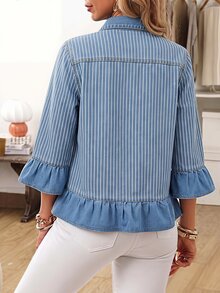 EMERY ROSE Plus Size Women's Striped Pleated Casual Daily Denim Jacket - Blue - View 2