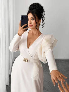Elenzga Plus Size Knit Fabric Patchwork Satin V-Neck Long Sleeve Ruffle Shoulder Decor Cinched Waist A-Line Metal Accessory Decor Long Dress Elegant For Outing Date Party Gathering Daily Commute - Apricot - View 7