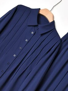 Rusticease Setelan 2 Potong Atasan dan Celana Panjang Lengan Panjang dengan Hiasan Ikat Warna Polos untuk Wanita Ukuran Besar - Navy Blue - View 3