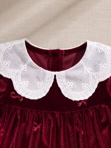 Baby Girl Bowknot Jacquard Velvet Peter Pan Collar Waist Cinched Pleated Ruffle Thick Dress Suitable For Winter And Christmas - Burgundy - View 4
