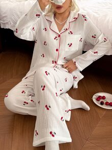 CottageSlumber Women's 100% Cotton Embroidered Cherry Print Open Front White Pajama Set - White - View 8