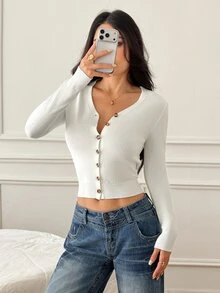 SHEIN PETITE Women's Fashion Versatile Button Long Sleeve Knit Cardigan - White - View 6