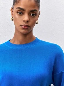 ATUI Studio Minimalist Versatile Round Neck Dropped Shoulder Long Sleeve Waist Horizontal Ribbed Cinched Loose Fit Casual Women's Sweater - Blue - View 6