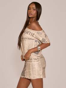 MUSERA Off The Shoulder Newspaper Printed Cinched Waist Mini Dress Sexy Evening Night Going Out Fall Winter Autumn Solitude - Khaki - View 4