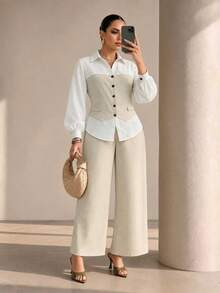 SHEIN Elenzya Plus Size Women's Single-Breasted Long Sleeve Patchwork Waist-Cinching Blouse And Solid Color Pants 2 Pieces Set - White - View 8