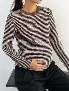 DAZY Kaos Hamil Lengan Panjang Longgar Bergaris Blok Warna Kasual untuk Liburan Sehari-hari Streetwear Musim Semi Musim Gugur - Coklat - View 4
