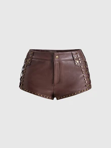 ROMWE Autumn/Winter Hippie Brown Bronze Studded Side Lace-Up Low Waist Women's Shorts - Brown - View 5