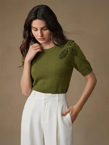 Anewsta Elegant Romantic Design Round Neck Raglan Sleeve 3D Embroidered Decor Women's Knit Top - Green - View 5