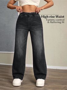 Selenza Plus Size Women's Elastic Waist Casual Daily Wear Denim Jeans - Black - View 4
