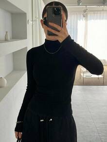 DAZY 青少年女孩純色立領休閒日常長袖T恤 - 黑色 - 查看 5