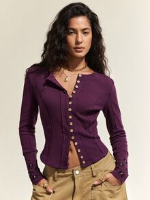 SHEIN Women's Minimalist Elegant Single-Breasted Long Sleeve Casual T-Shirt - Purple - View 1