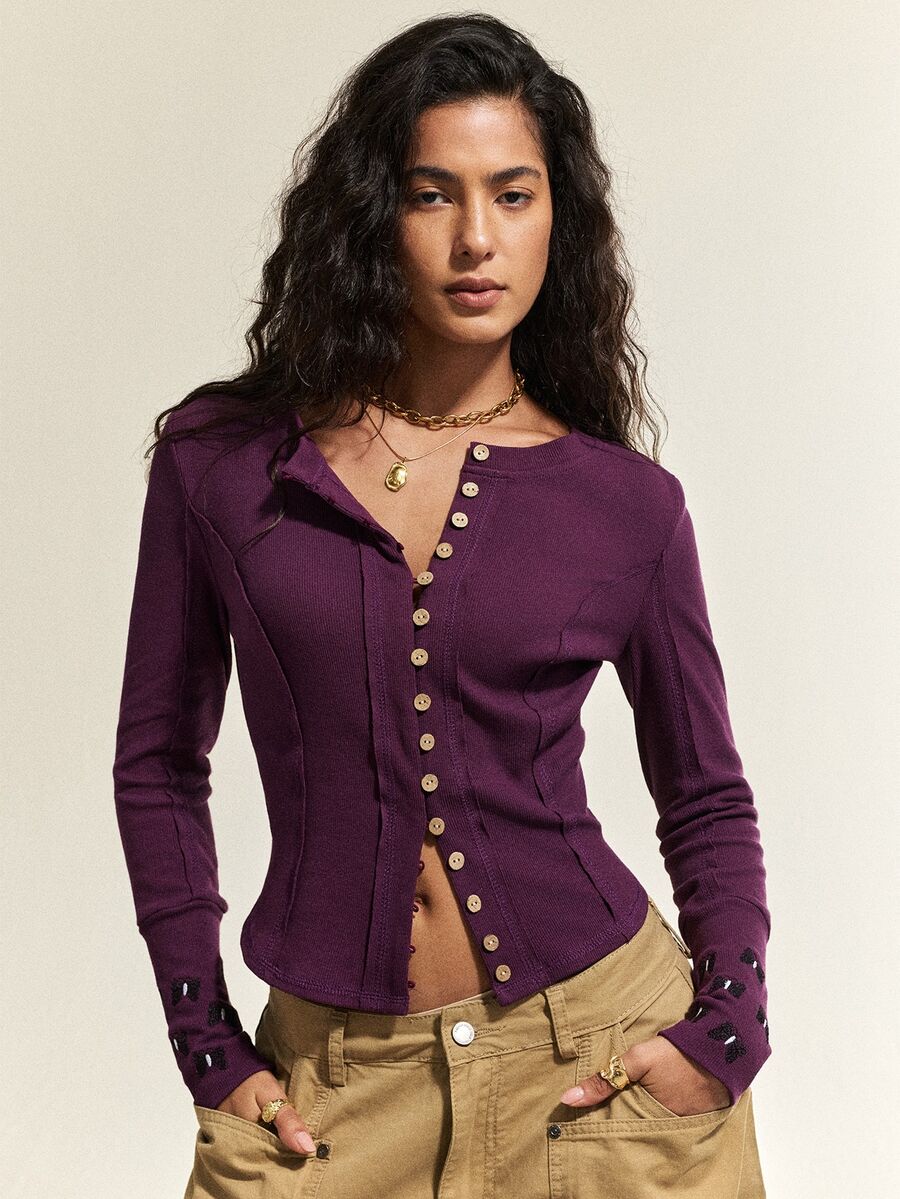 SHEIN Women's Minimalist Elegant Single-Breasted Long Sleeve Casual T-Shirt - Purple - View 1