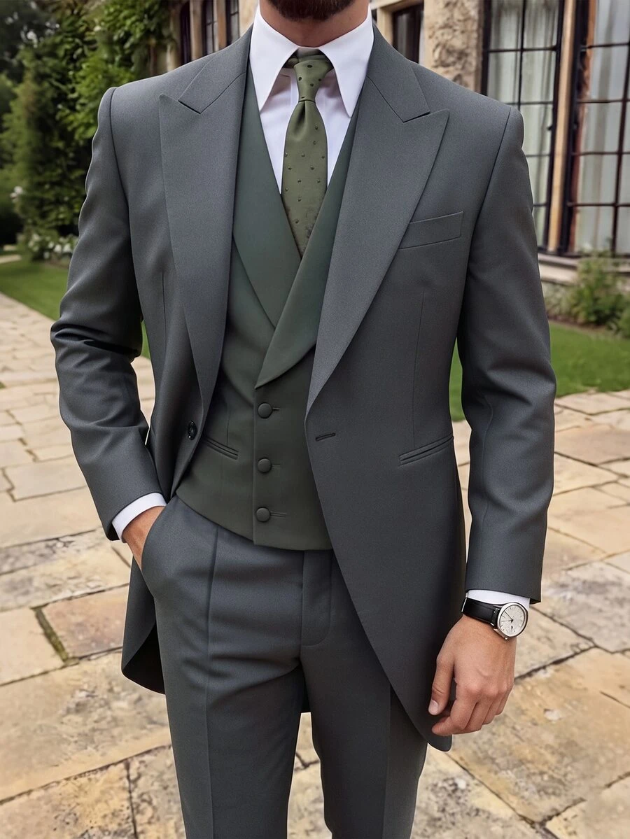 Manfinity Mode Men's Solid Color Suit Set Suitable For Dating, Party, Daily Wear, Gathering, Outdoor Activities - Dark Grey - View 1