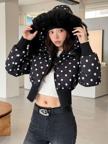 K-Vae Women's Hooded Polka Dot Padded Coat, Autumn/Winter - Black - View 1