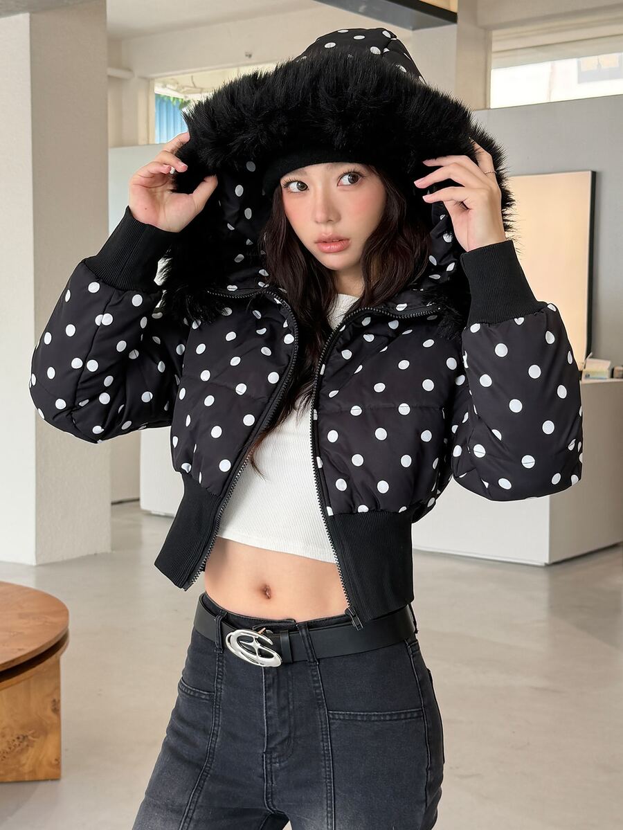 K-Vae Women's Hooded Polka Dot Padded Coat, Autumn/Winter - Black - View 1
