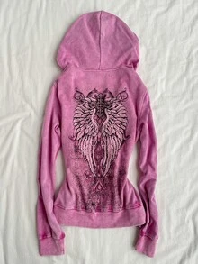 Attitoon Casual Street Style Deep Purple Red Snowflake & Wing Graphic Women's Long Sleeve Sweatshirt, Suitable For Autumn/Winter, Y2K - Red Violet - View 2