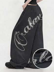 FRIFUL Women's Summer New Loose Casual Versatile Sweatpants With Back Rhinestone Letter - Grey - View 1