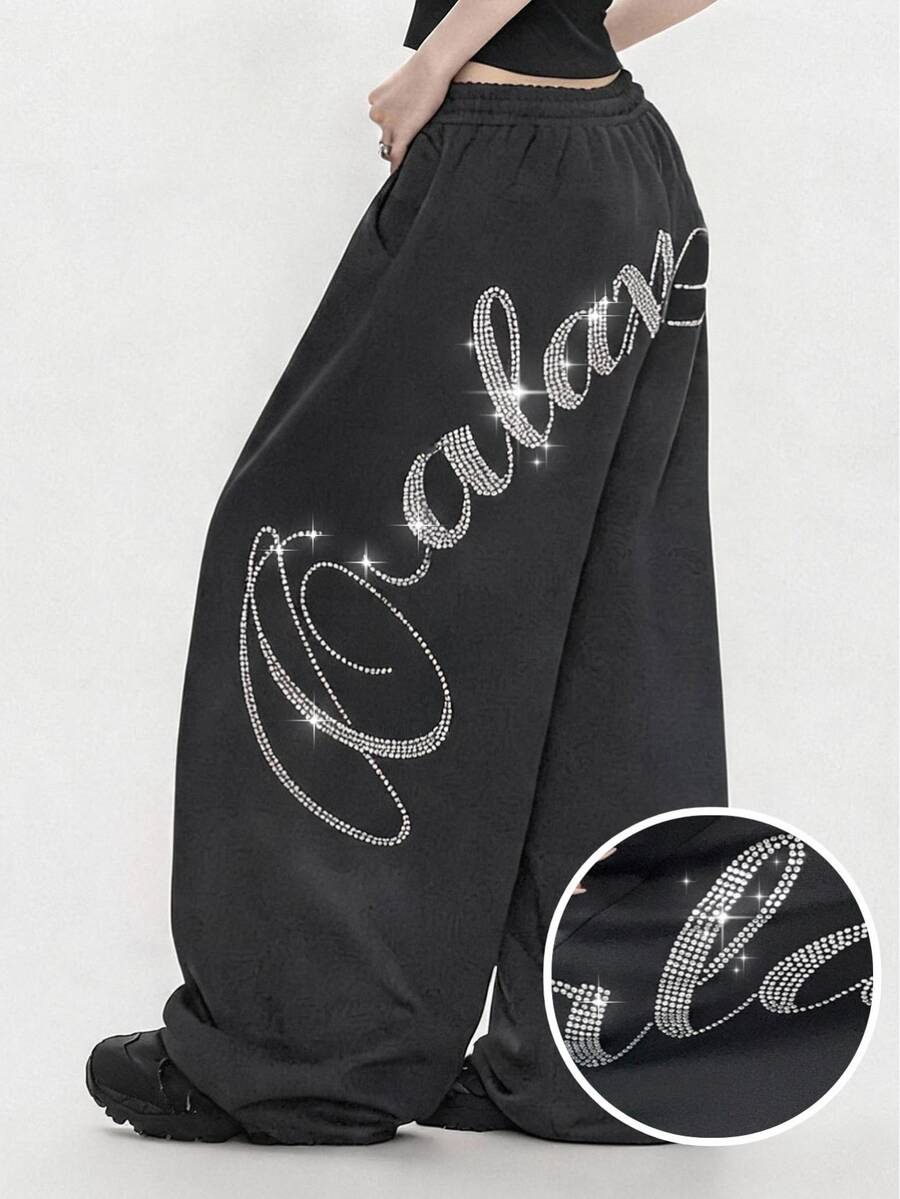 FRIFUL Women's Summer New Loose Casual Versatile Sweatpants With Back Rhinestone Letter - Grey - View 1