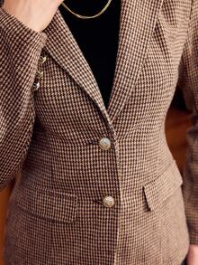 Vintamour Vintage Elegant Women's Autumn/Winter Wool Houndstooth Colorblock Patchwork Button Blazer Jacket, Casual Commute Vacation Holiday - Brown - View 5