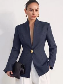 Aveloria Modichic 女款修身收腰結構感西裝外套，精紡千鳥格深V領金色鈕扣不對稱下擺現代深灰色微千鳥格秋季夾克 - 藏蓝色 - 查看 2