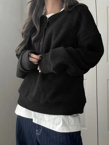 FRIFUL 女款純色圓領前開鈕扣落肩長袖寬鬆休閒套頭運動衫，秋冬款 - 黑色 - 查看 2