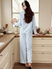 Snug Reverie Bubble Crinkle Bow Polka Dot Print Ruffle Sleeve Long Sleeve Pants Pajama Set - Baby Blue - View 2