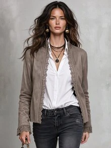 Solivie Women's Solid Color Contrast Lace Open Front Elegant Jacket - Mocha Brown - View 1