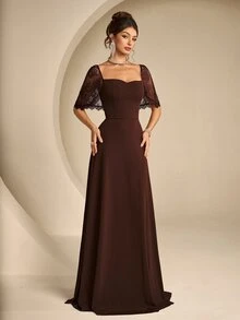Coutiva Women's Lace Patchwork Elegant Waist-Cinching Formal Prom Graduation Evening Gown Dress Brown Fall - Coffee Brown - View 8