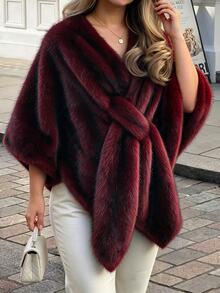 Cravure Standard Size Women's Autumn/Winter Fur Fabric Daily Commute Elegant Cape Coat - Burgundy - View 7