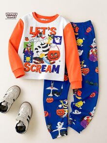 LOONEY TUNES X SHEIN 大童男孩卡通圖案長袖上衣與長褲休閒日常居家睡衣套裝 - 橘色 - 查看 6