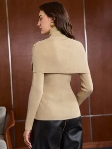 Anewsta Essential Setelan Rajut Bergaris 2 Potong Wanita dengan Kerah Tinggi, Desain Kancing Kerah Syal yang Dapat Dilepas, Sweater Lapisan Dasar Lengan Panjang Pas Badan, Atasan Dalaman Elegan untuk Musim Gugur/Dingin - Khaki - View 6