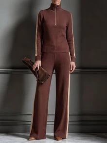 Omancia Caramel Coffee Color Knitted Set For Women, Ribbed Slimming Contrast Color Tape Flared Pants, Fashionable Casual 2 Pieces Set - Coffee Brown - View 6