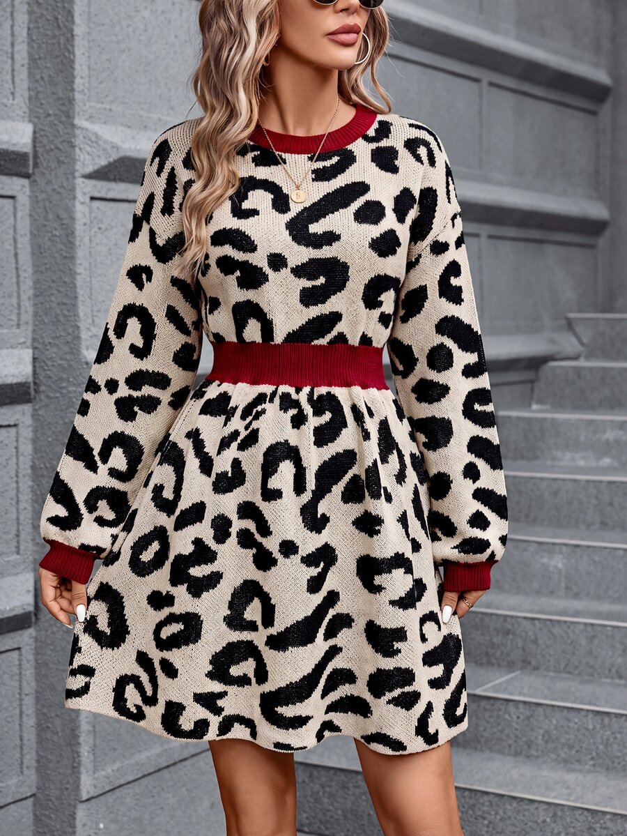 SHEIN Clasi Women's All-Over Print Contrast Color Casual Daily Knit Dress - Multicolor - View 1