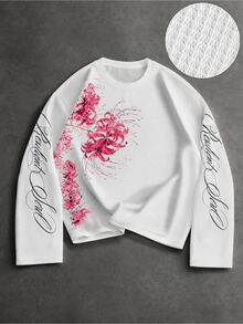 ROMWE MEN Street Life Textured Waffle Fabric Floral Print Loose Long Sleeve T-Shirt - Black - View 1