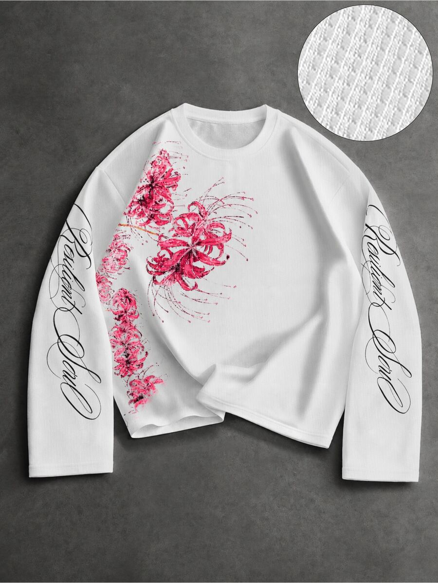 ROMWE MEN Street Life Textured Waffle Fabric Floral Print Loose Long Sleeve T-Shirt - Black - View 1